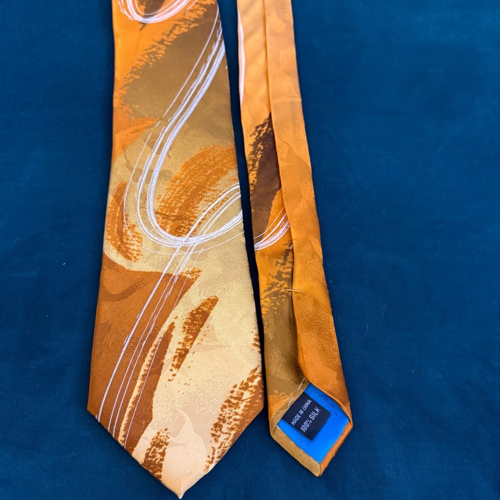 Garcia Desert Island Collection 64‎ 100% Silk Abstract Print Tie Orange Gold - Picture 2 of 10